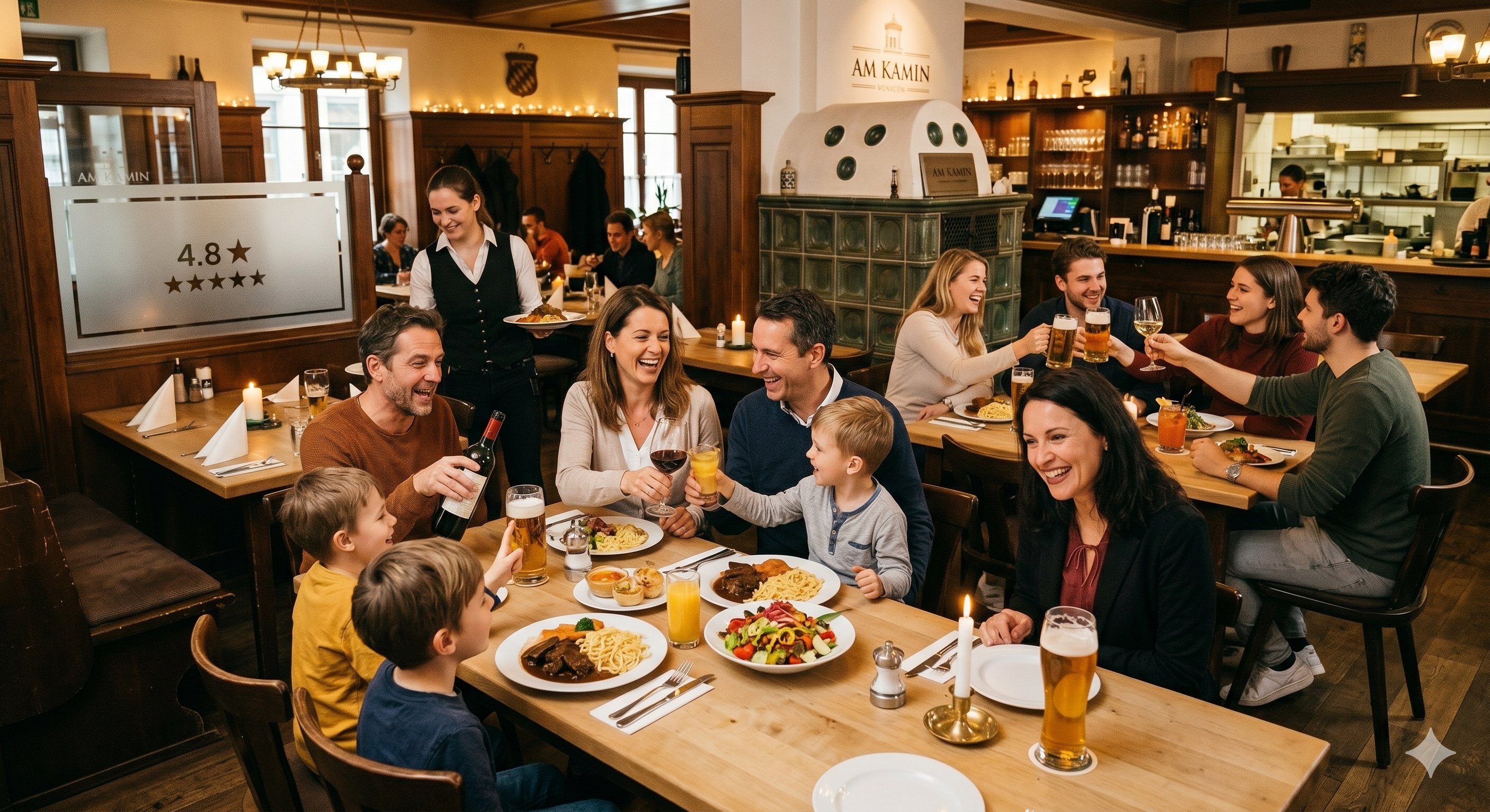 Fröhliche Gäste und Familie beim gemeinsamen Dinner im Restaurant